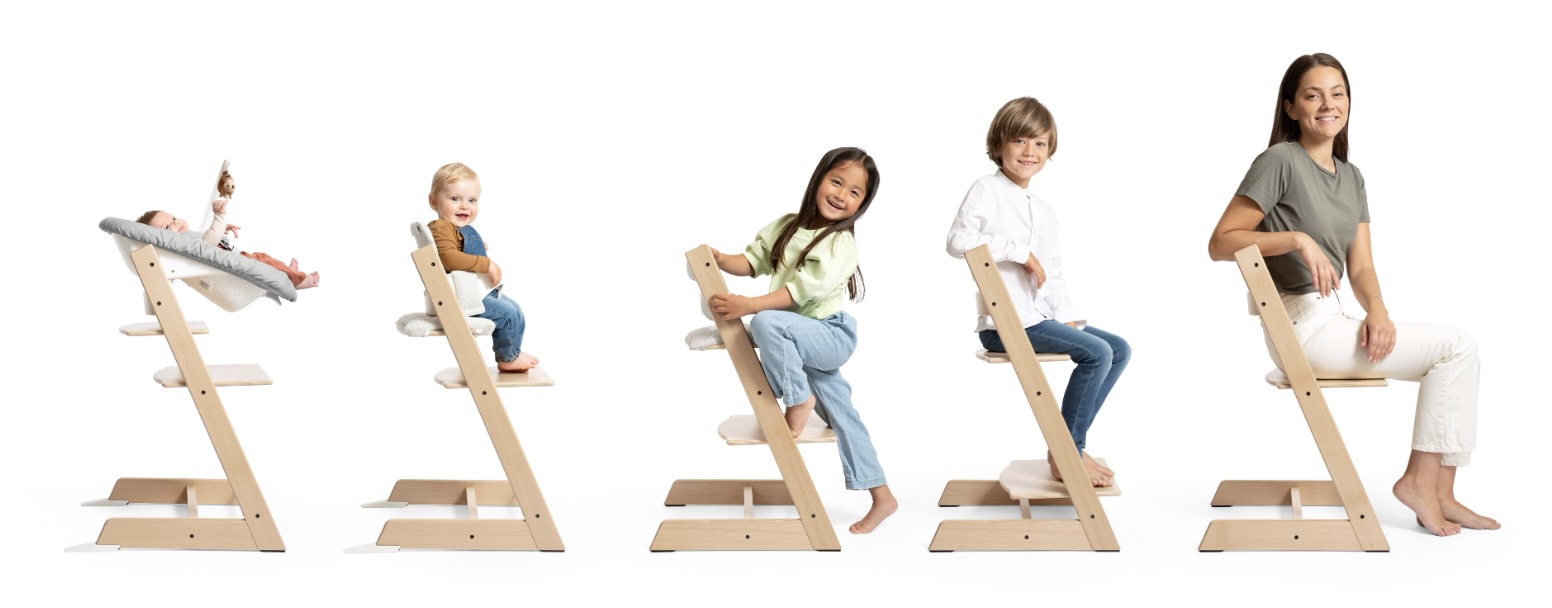 imagen que muestrala trona evolutiva Stokke Tripp Trapp en uso en las diferentes etapas desde nacimiento hasta la edad adulta